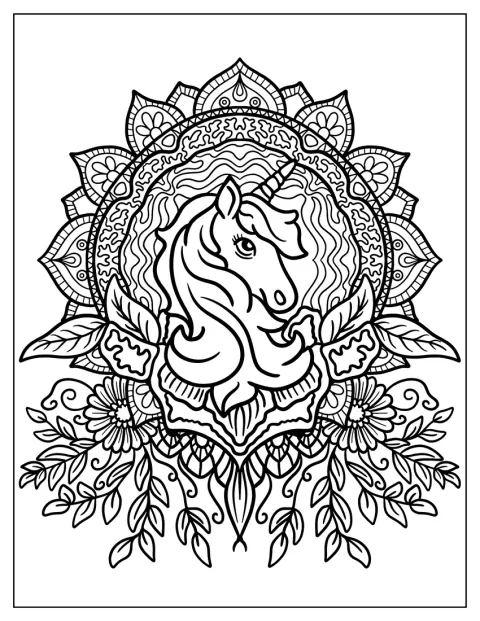 Een majestueuze eenhoorn staat tussen mandalapatronen met hangende bladeren en bloemen.