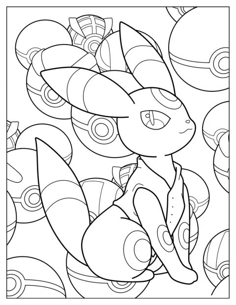 Umbreon staat voor een achtergrond vol Pokéballs.