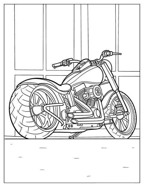 Die Rückansicht zeigt ein modernes Harley-Davidson-Motorrad mit breitem Hinterrad.