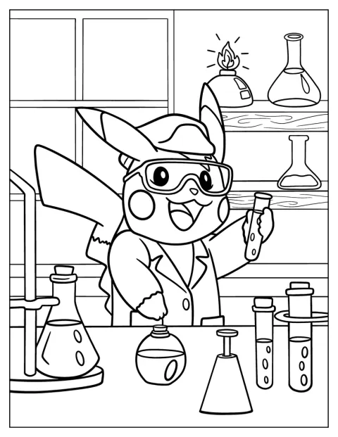 Pikachu, vestito da scienziato, solleva una provetta.