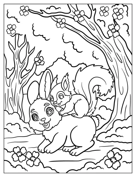 Im Wald spielen ein niedlicher Hase und ein Eichhörnchen miteinander.