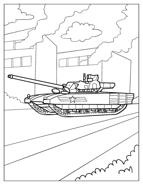 Tank Armata projíždí kolem budovy, z jejíhož komína stoupá kouř.