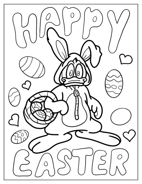 Easter Coloring Page Of Donald Duck As Easter Bunny Carrying Basket Of Eggs
