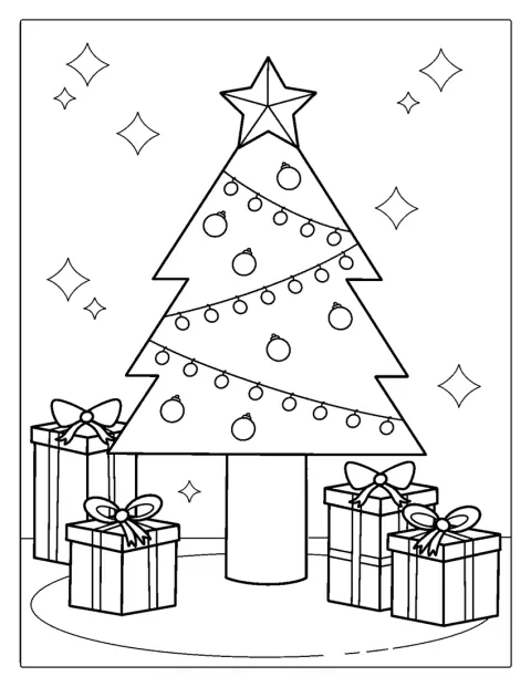 Et pyntet juletre står omgitt av mange julegaver.