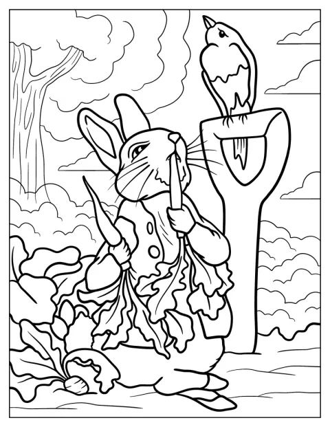 Peter Rabbit mordisca uma cenoura enquanto olha para um pássaro num ramo.