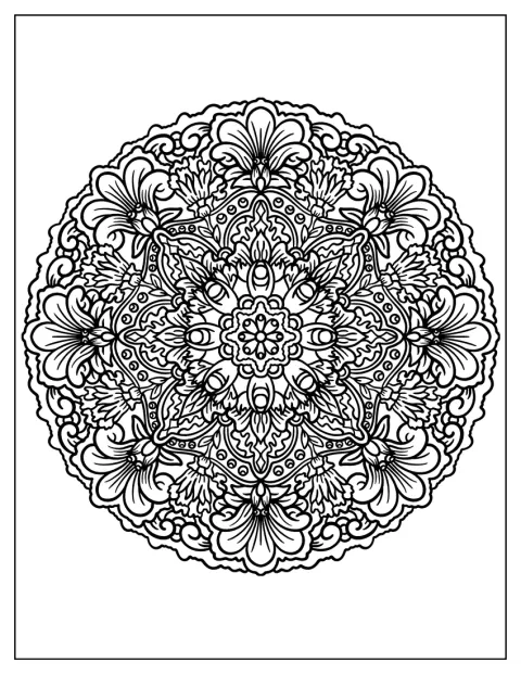 Blomster og slyngende linjer flettes sammen i et mandalamønster.