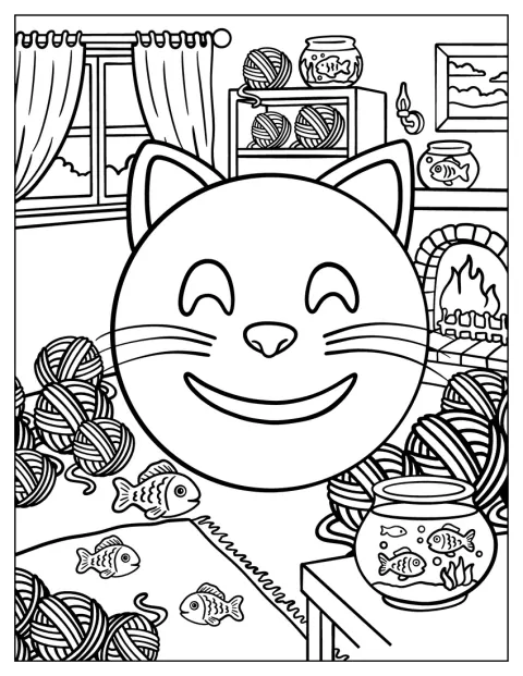 猫の絵文字が、くつろげる雰囲気の部屋にいます。