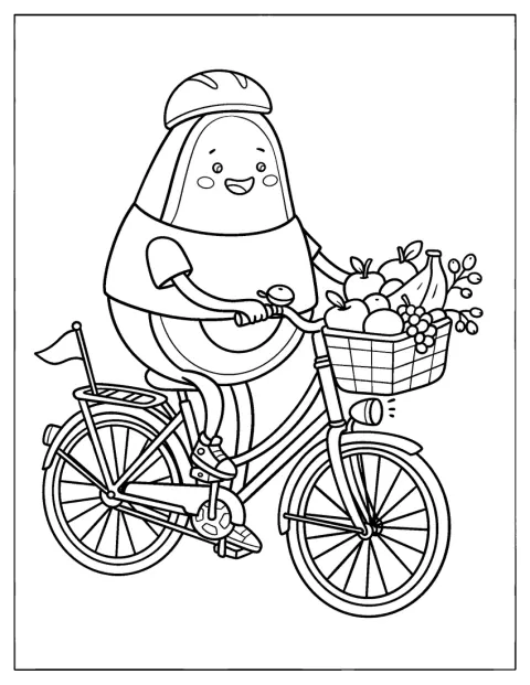 Um abacate pedala com um cesto de produtos frescos.