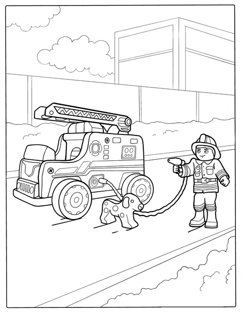 Ein Feuerwehrmann und ein Dalmatiner begleiten ein cartoonhaftes Feuerwehrauto.
