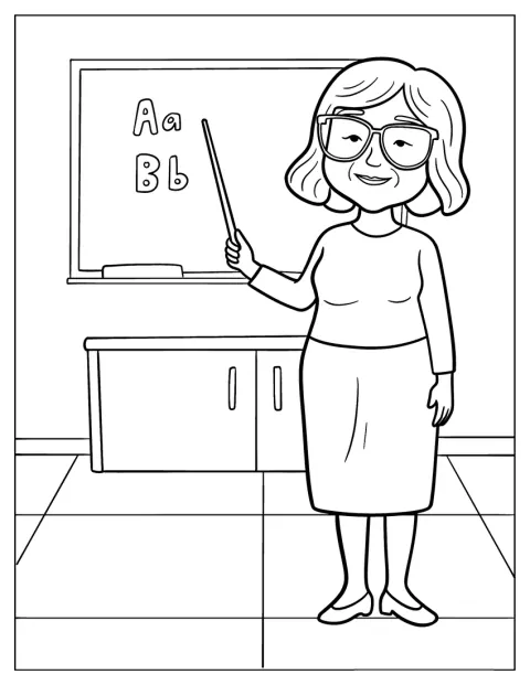 Devant un tableau noir, une enseignante âgée désigne les lettres de l’alphabet.