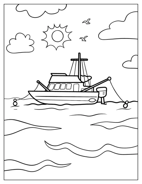 Midden op zee vaart een grote vissersboot.