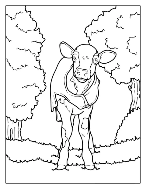 Uma vaca bebé veste um casaco e olha em frente.