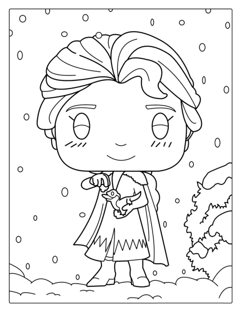 Elsa este înfățișată într-un stil drăgălaș, asemănător unei figurine Funko Pop.