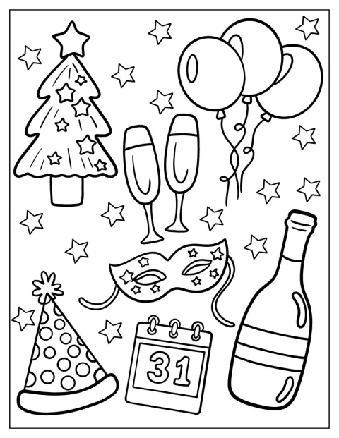 Feesthoedjes, wijnglazen en ballonnen staan bij een versierde kerstboom voor Nieuwjaar.