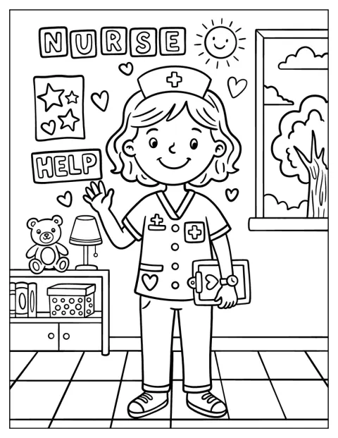 Eine Krankenschwester winkt mit einer Patientenkarte in einem Kinderspielzimmer.