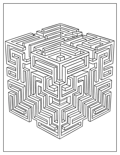 Un grand labyrinthe dessiné en cubes géométriques occupe l’image.