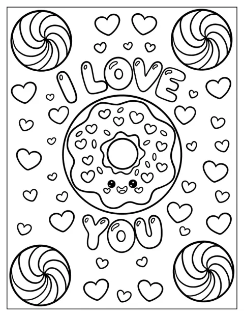 Een geglazuurde donut met snoepkrullen zweeft tussen hartjes en de woorden ‘Ik hou van je’.