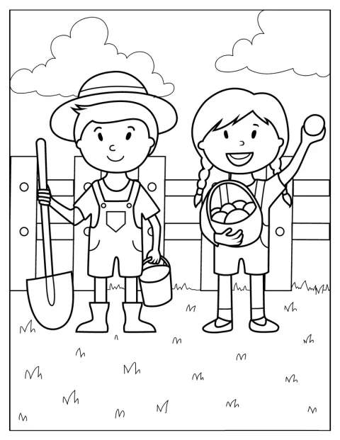 Kaksi lasta työskentelee maatilalla.