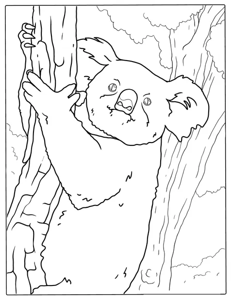 Pörröinen koala kiipeää puun runkoa pitkin.