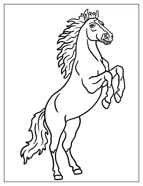 Un caballo adulto se alza sobre las patas traseras.