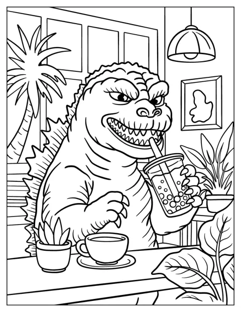 Godzilla nipper til boblete på en koselig kafé.
