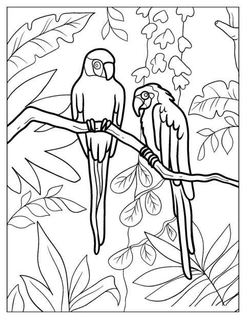 Dos guacamayos descansan entre las plantas de la selva.