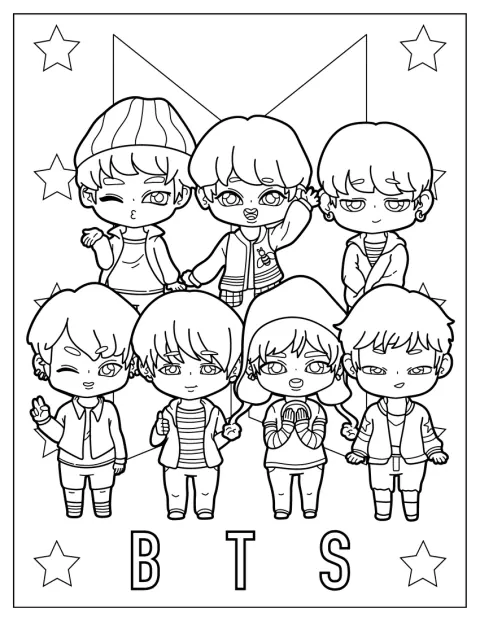 Jungkook, V, Jimin, Suga, J-Hope, RM a Jin jsou zobrazeni v roztomilém stylu.