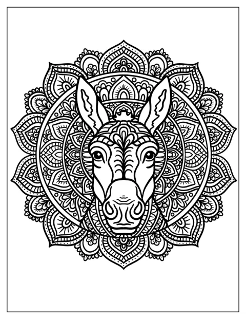 El rostro de un burro se integra en un mandala de motivos florales ornamentados.