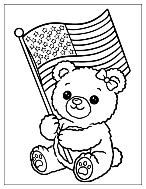 Un ursuleț de pluș ține un steag american.