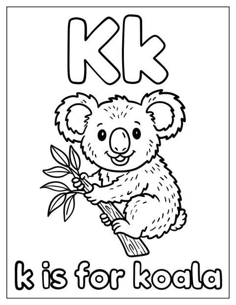 Un koala acompaña a la letra K en una ilustración infantil.