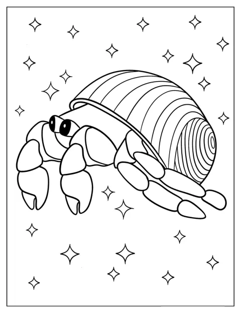 Um caranguejo-eremita de desenho animado transporta uma concha em espiral.
