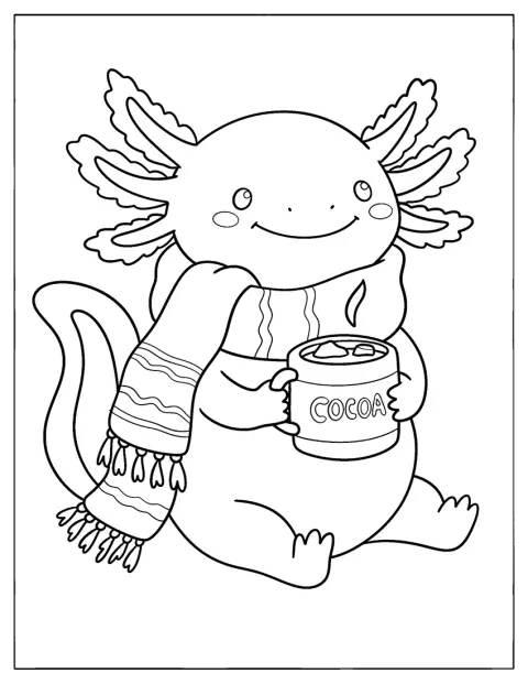 Un ajolote con bufanda bebe chocolate caliente.