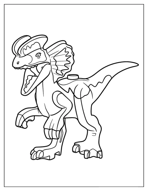 En Dilophosaurus bygget af Lego står med sit karakteristiske hovedkam.