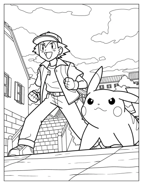Ash stoi obok Pikachu, a wokół nich widać wiele szczegółów.