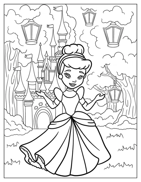 Cendrillon, représentée en chibi, se tient devant le château illuminé par des lampes.