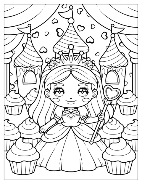 En prinsesse med krone holder et hjertesepter, omgitt av cupcakes.