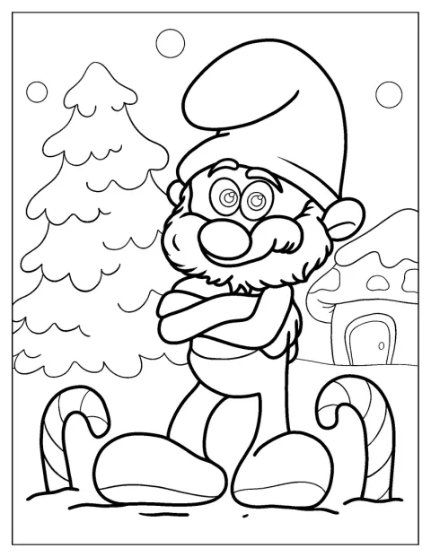 Kerstman-Smurf houdt twee zuurstokken vast.