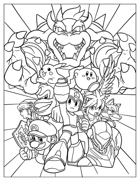 Super Smash Bros Coloring Page Of Mega Man, Dark Bowser, Zelda, Mario, Kid Icarus .Star Fox, Kirby, Donkey Kong, And Pikachu