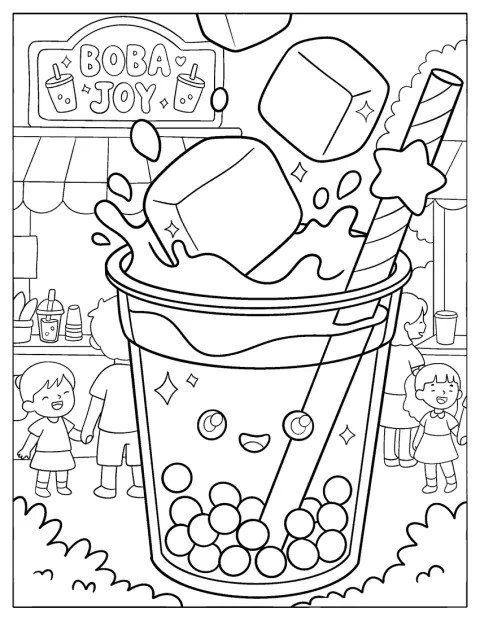 Um copo de chá de bolhas tem cubos de gelo e uma palhinha em forma de estrela.