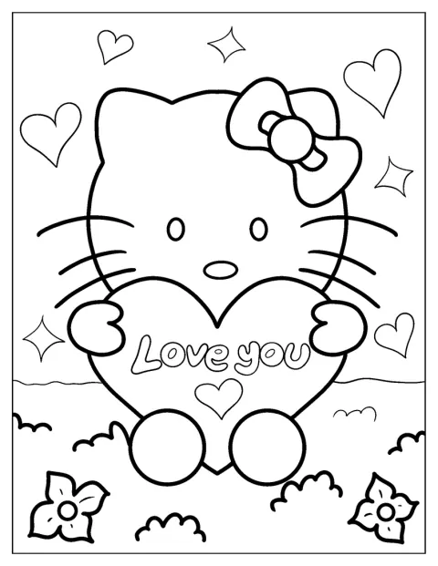Hello Kitty sostiene un corazón con el mensaje «I Love You».