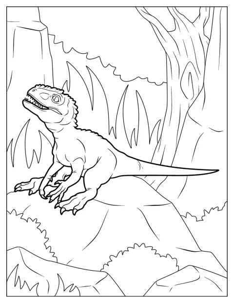 Vastasyntynyt Indominus Rex istuu kivellä.