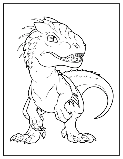 Ein kleines Indominus-Rex-Baby blickt neugierig nach vorn.