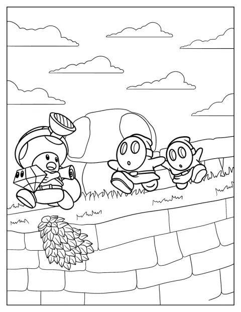 To Shy Guys jagter Miner Toad, der holder en smaragd.