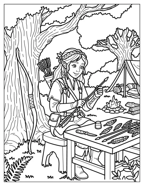 Elfí lučištník připravuje šípy ve fantasy dílně.
