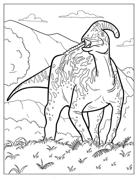 En Parasaurolophus ryter bland skogens träd.