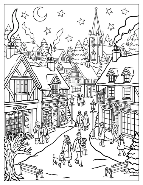 雪に覆われた店や教会が並ぶ村で、人々がクリスマスの買い物を楽しんでいます。