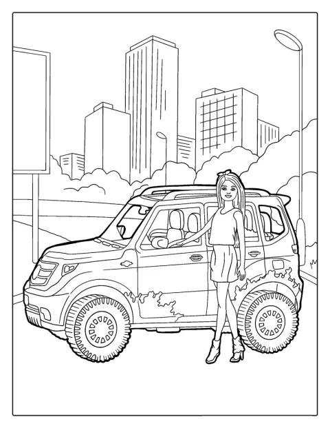 Barbie está junto a su jeep.