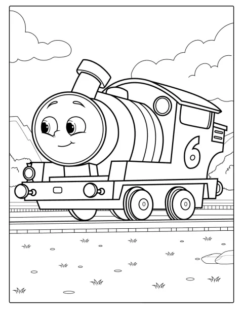 Sur la voie ferrée, Percy attend avec son visage souriant.