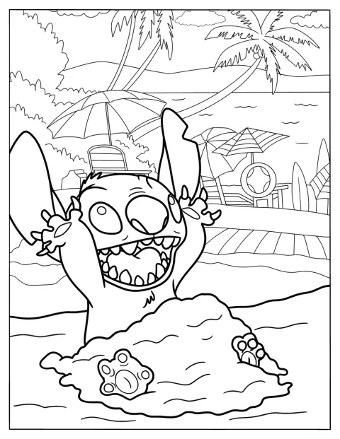 Stitch se entierra en la arena de la playa.