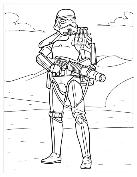 Nel deserto, uno Stormtrooper della sabbia avanza tra le dune.